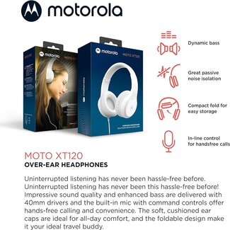 Motorola Motorola Over-Ear Headphones Wired - Moto XT120 Headphones with Microphone, in-Line Control for Call