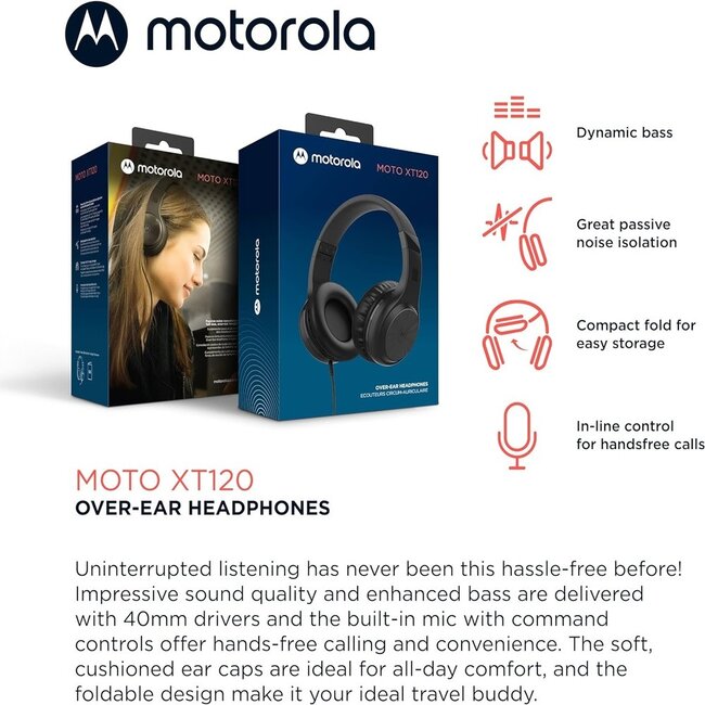 Motorola Motorola Over-Ear Headphones Wired - Moto XT120 Headphones with Microphone, in-Line Control for Call