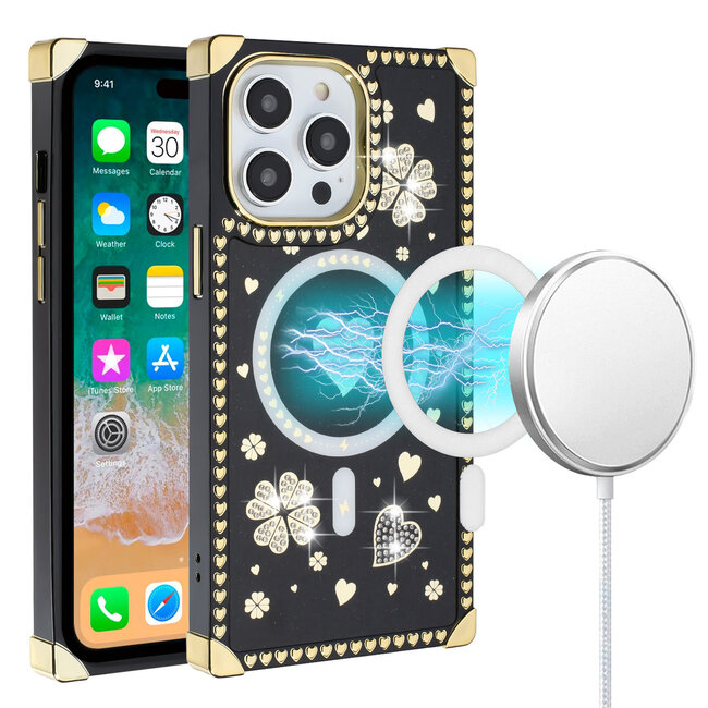 For Apple For Apple iPhone 15 Pro SQUARE Hearts Passion Magnetic Circle Design Ornaments Chrome