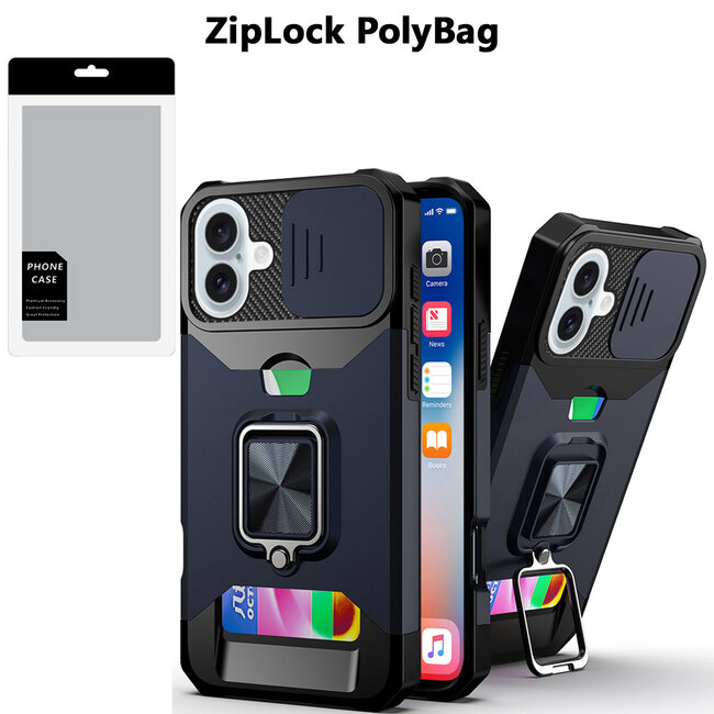 Techy [PolyBag] For Apple iPhone 16 6.1 inch Multi-Functional Card Magnetic Ring Stand Hybrid Camera