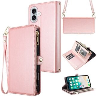 Techy For Apple iPhone 16 6.1 inch Purse Style Wallet Card ID Money Holder with Zip containing Long & Short Lanyard Case Cover