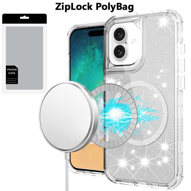 For Apple [PolyBag] For Apple iPhone 16 Plus 6.7 inch Magnetic Ring Glitter 3in1 Hybrid Case Cover