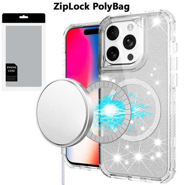 For Apple [PolyBag] For Apple iPhone 16 Pro 6.3 inch Magnetic Ring Glitter 3in1 Hybrid Case Cover