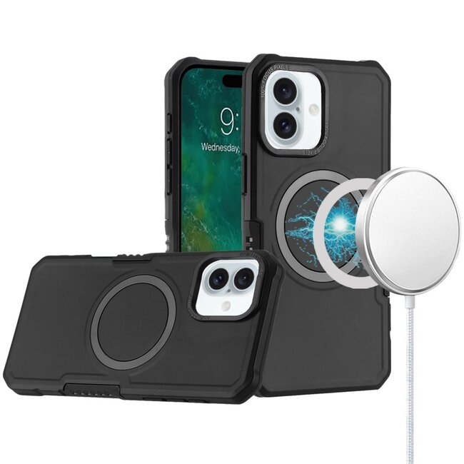 For Apple For Apple iPhone 16 Plus 6.7 inch Grip Magnetic Circle Metal Shockproof Hybrid Black