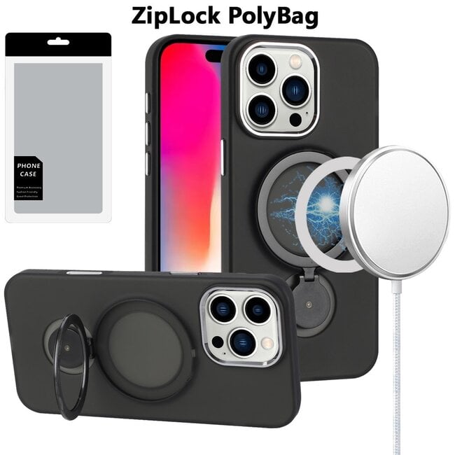 For Apple [PolyBag] For Apple iPhone 16 Pro 6.3 inch Hoop Kickstand Magnetic Circle HD Transparent Chrome Hybrid