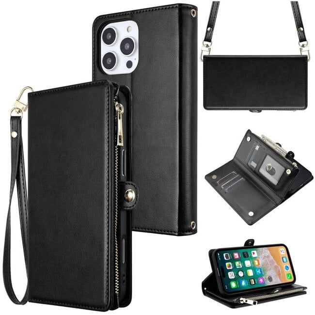 Techy For Apple iPhone 16 Pro 6.3 inch Purse Style Wallet Card ID Money Holder with Zip containing Long & Short Lanyard Case Cover