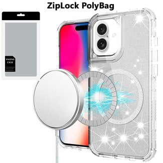 For Apple [PolyBag] For Apple iPhone 16 6.1 inch Magnetic Ring Glitter 3in1 Hybrid Case Cover