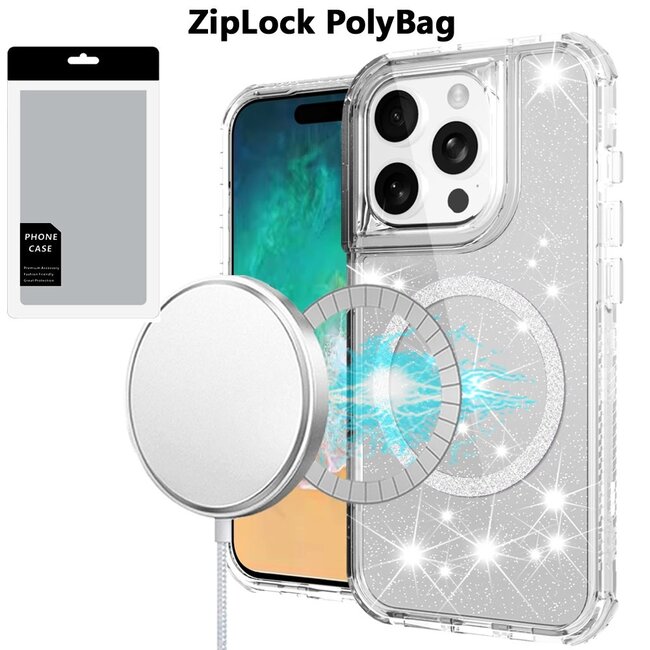 For Apple [PolyBag] For Apple iPhone 16 Pro Max 6.9 inch Magnetic Ring Glitter 3in1 Hybrid Case Cover