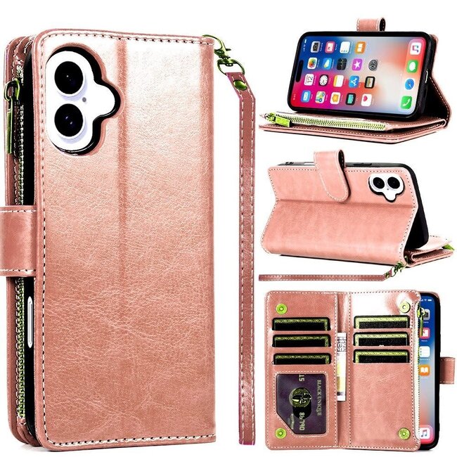 For Apple For Apple iPhone 16 6.1 inch Luxury Wallet Card ID Zipper Money Holder Case Cover