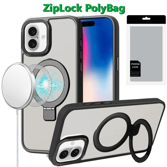 For Apple [PolyBag] For Apple iPhone 16 6.1 inch Metal Chrome Kickstand Magnetic Circle Shockproof Matching Camera Hybrid