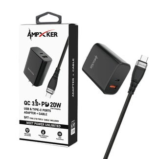Ampxker Ampxker USB & Type C - Dual Port - Adapter + 5FT Cable - QC 3.0 Amp + PD 20W