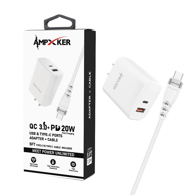 Ampxker Ampxker USB & Type C - Dual Port - Adapter + 5FT Cable - QC 3.0 Amp + PD 20W