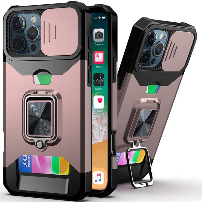 Techy For Apple iPhone 16 Pro 6.3 inch Multi-Functional Card Magnetic Ring Stand Hybrid Camera Case Cover