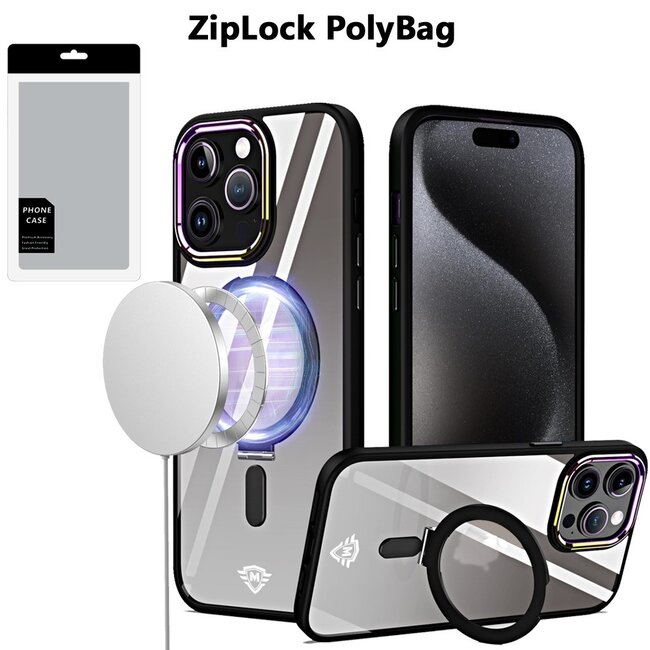 For Apple [PolyBag] For Apple iPhone 15 Pro Max Dazzle Magnetic Ring Stand Alloy Chrome Transparent Hybrid