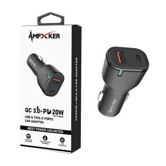 Ampxker CAR - USB & Type C - Dual Port - Adapter - QC 3.0 Amp + PD 20W