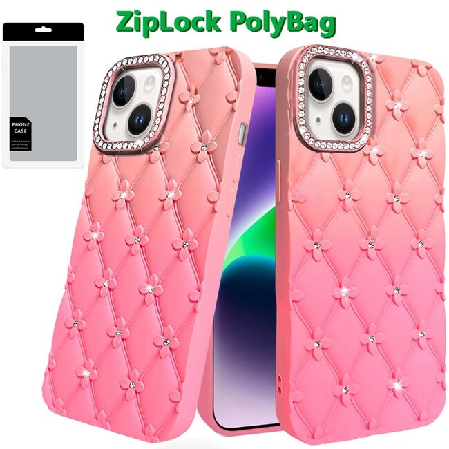 For Apple For Apple iPhone 13/14 Floral Joy Glitter Shimmer Leather Feel Thick TPU Case