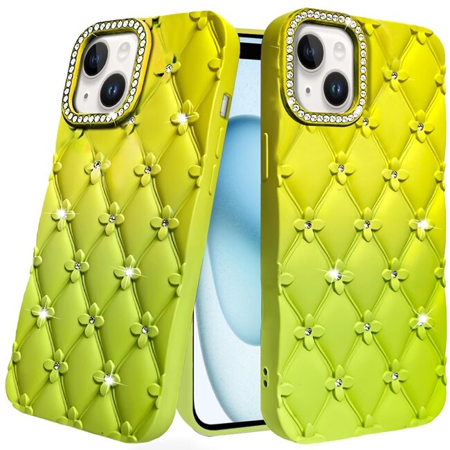 For Apple For Apple iPhone 15 Floral Joy Glitter Shimmer Leather Feel Thick TPU Case