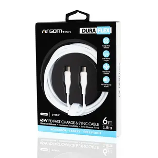 Argom TYPE-C TO TYPE-C 65W SILICONE CABLE 6FT/1.8M - DURA FLEX White