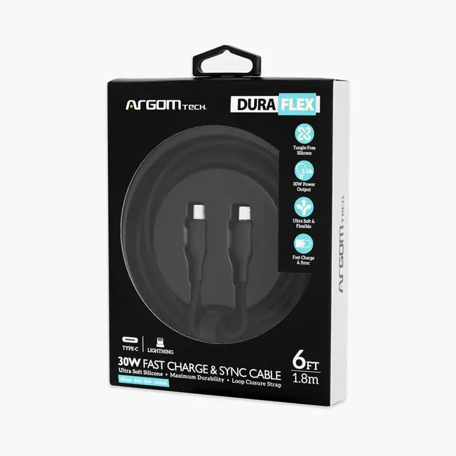 Argom TYPE-C TO LIGHTNING 30W SILICONE CABLE 1.8M/6FT - DURA FLEX Black