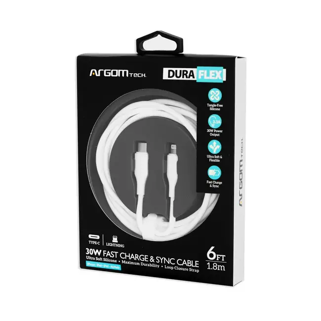 Argom TYPE-C TO LIGHTNING 30W SILICONE CABLE 1.8M/6FT - DURA FLEX White