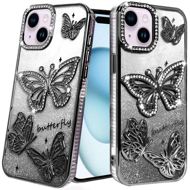 For Apple For Apple iPhone 15 Butterfly Freedom Shimmer Glitter Thick TPU Case Cover