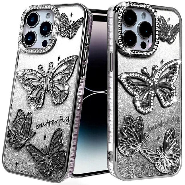 For Apple For Apple iPhone 14 PRO MAX 6.7" Butterfly Freedom Shimmer Glitter Thick TPU Case Cover