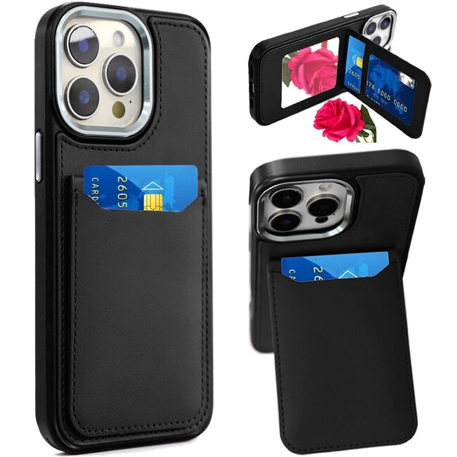 For Apple For Apple iPhone 13 Pro Max Card Holder with Mirror Inside PU Leather Hybrid Case