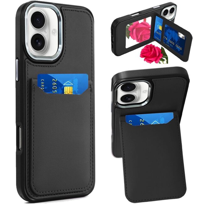 For Apple For Apple iPhone 16 Plus 6.7 inch Card Holder with Mirror Inside PU Leather Hybrid Case