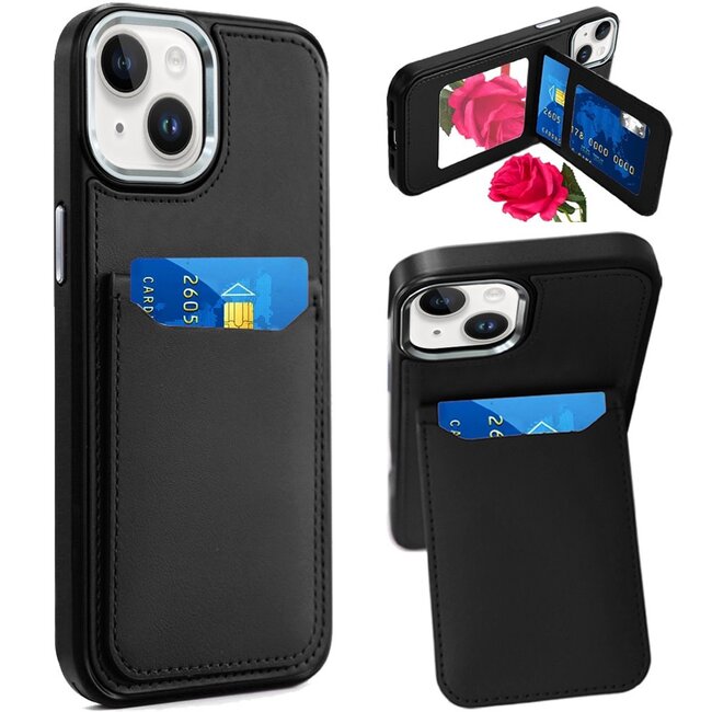 For Apple For Apple iPhone 14 PLUS Card Holder with Mirror Inside PU Leather Hybrid Case