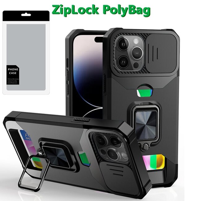 For Apple [PolyBag] For iPhone 14 Pro Max Multi-Functional Card Magnetic Ring Stand Hybrid Camera