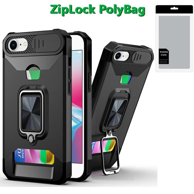 For Apple [PolyBag] For Apple iPhone SE 3 (2022) SE/8/7 Multi-Functional Card Magnetic Ring Stand Hybrid Camera