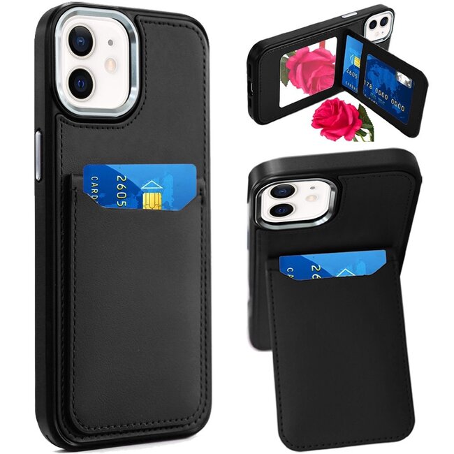 For Apple For Apple iPhone 11 (XI6.1) Card Holder with Mirror Inside PU Leather Hybrid Case