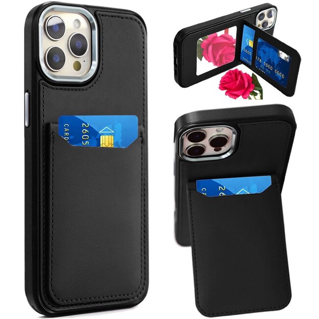 For Apple For Apple iPhone 12 Pro Max 6.7 Card Holder with Mirror Inside PU Leather Hybrid Case