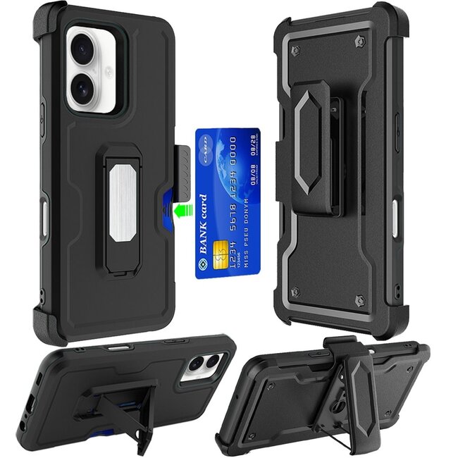 For Apple For Apple iPhone 16 6.1 inch CARD Holster with Kickstand Clip Hybrid Case Cover