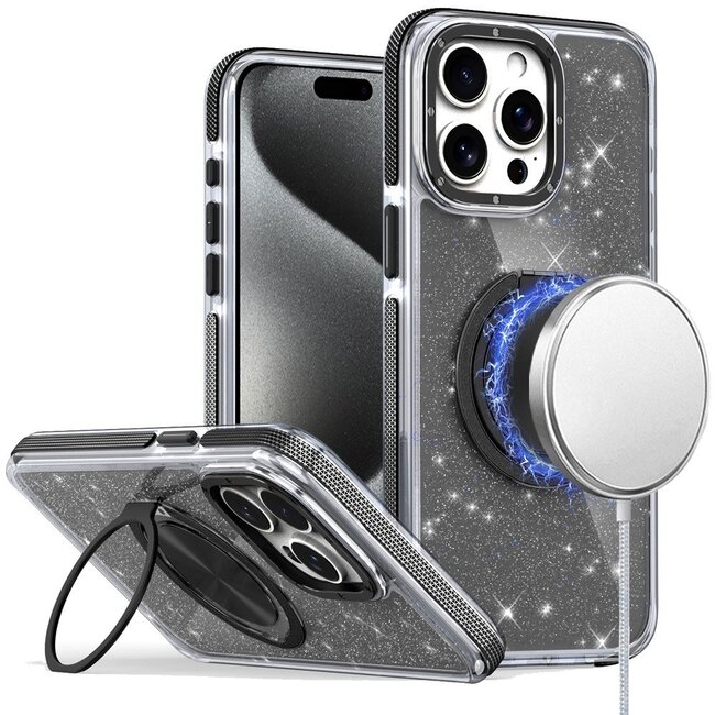 For Apple For Apple iPhone 15 Pro Max Glitz HQ Shimmer Glitter Magnetic Ring Circle with 360 degree Rotational Ring Kickstand Tough Hybrid Case