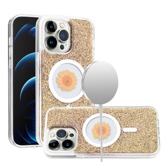 For Apple For Apple iPhone 15 Pro Magnetic Ring Circle Real Flower Epoxy Glitter Hybrid Case Cover