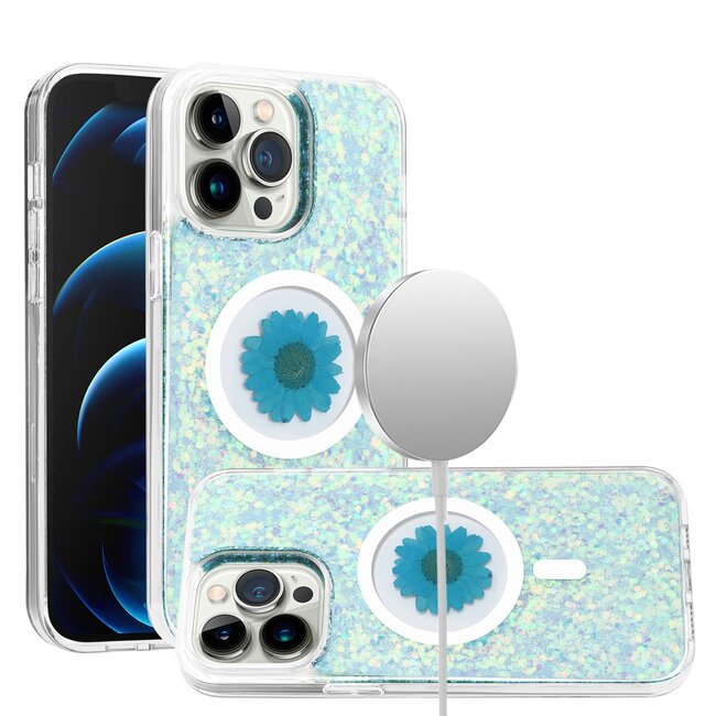 For Apple For Apple iPhone 15 Pro Magnetic Ring Circle Real Flower Epoxy Glitter Hybrid Case Cover