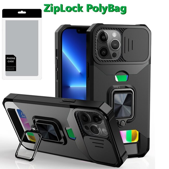 For Apple [PolyBag] For Apple iPhone 13 Pro Max Multi-Functional Card Magnetic Ring Stand Hybrid Camera