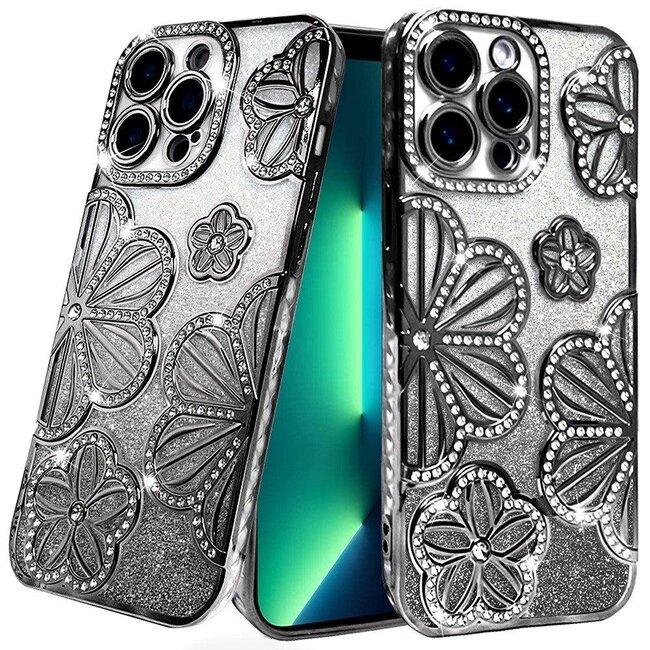 For Apple For Apple iPhone 13 Pro Max Shimmer Glitter Floral Design Thick TPU Case Cover