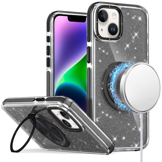 For Apple For Apple iPhone 14/13 Glitz HQ Shimmer Glitter Magnetic Ring Circle with 360 degree Rotational Ring Kickstand Tough Hybrid Case