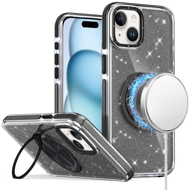For Apple For Apple iPhone 15 Glitz HQ Shimmer Glitter Magnetic Ring Circle with 360 degree Rotational Ring Kickstand Tough Hybrid Case