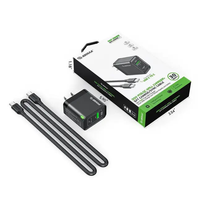 Esoulk Fast Charge Wall Charger 30W PD/QC with 5ft USB-C to USB-C Cable