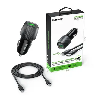 Esoulk 48W PD&QC CAR CHARGER +3FT USB-C TO USB-C to 8 Pin Lightning Cable