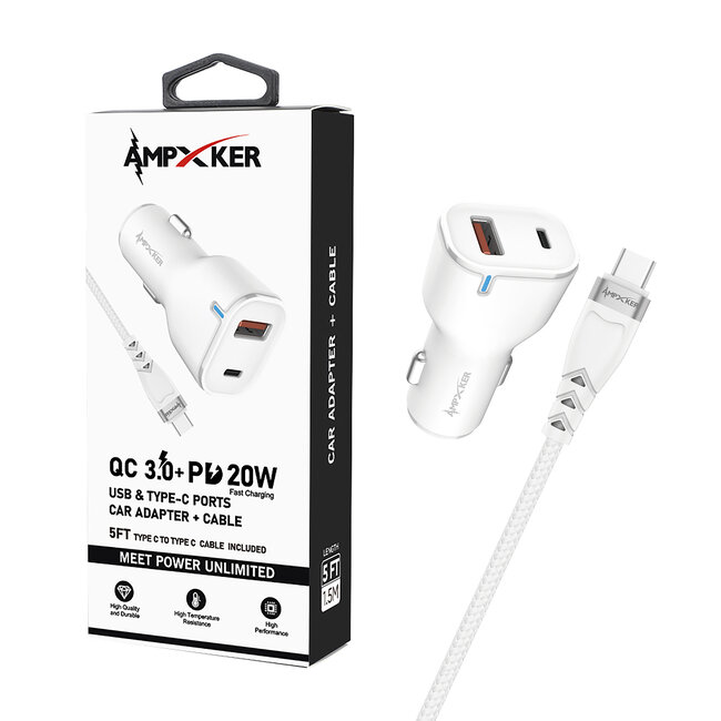 Ampxker CAR COMBO - USB & Type C - Dual Port - Adapter + 5FT Cable - QC 3.0 Amp + PD 20W