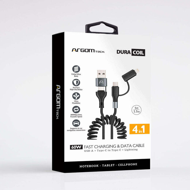 Argom Argom Cable 4-IN-1 60W Fast Charge & Sync Dura Coil 1.5M/6FT