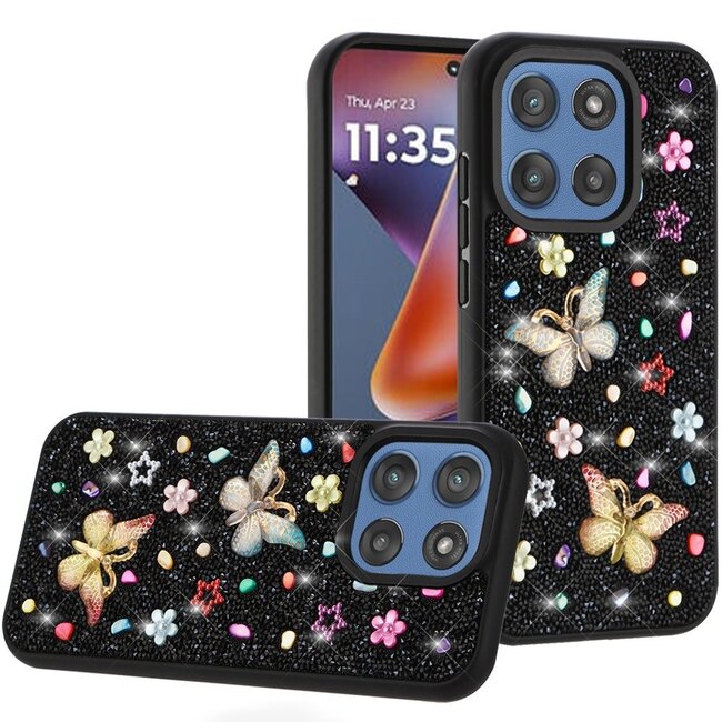 For Samsung For Motorola Moto G 5G 2025 Butterfly Ornaments Diamond Bling Glitter Hybrid Case