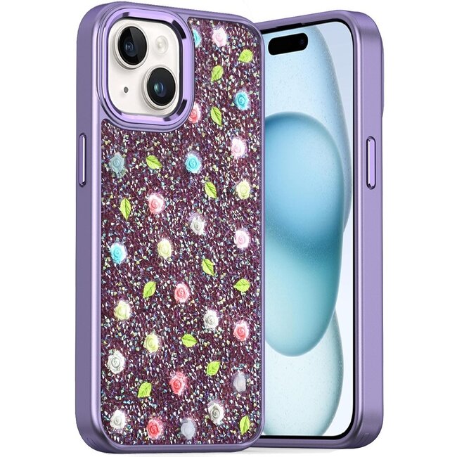 For Apple For Apple iPhone 15 Stick-On Embedded Glass Diamonds of Colorful Floral Arrangement HQ Hybrid Case