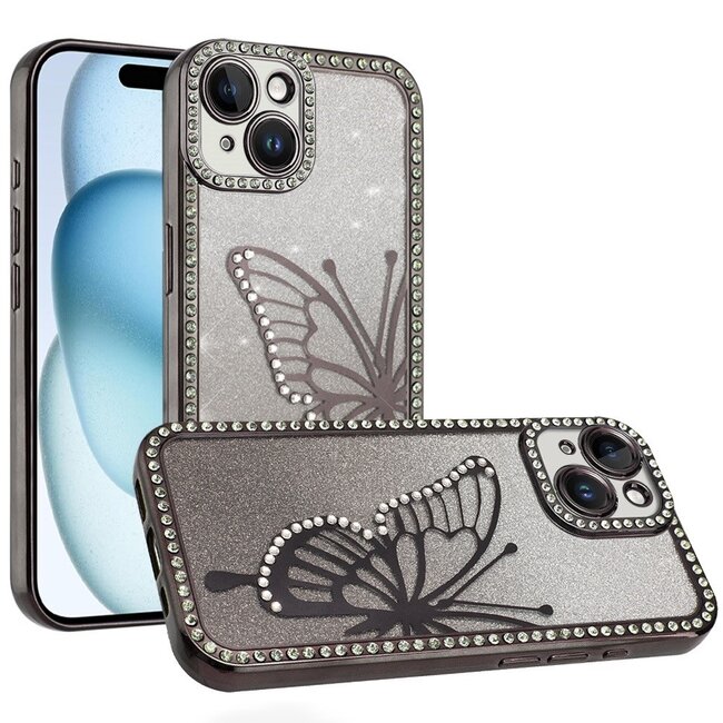 For Apple For Apple iPhone 15 Electroplated Butterfly With Diamonds Glitter Shimmer Hybrid Case