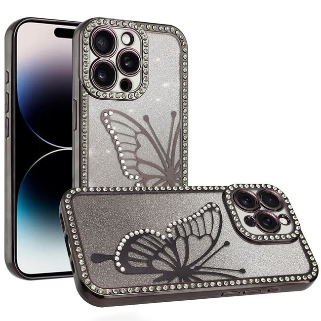 For Apple For Apple iPhone 14 PRO MAX 6.7" Electroplated Butterfly With Diamonds Glitter Shimmer Hybrid Case