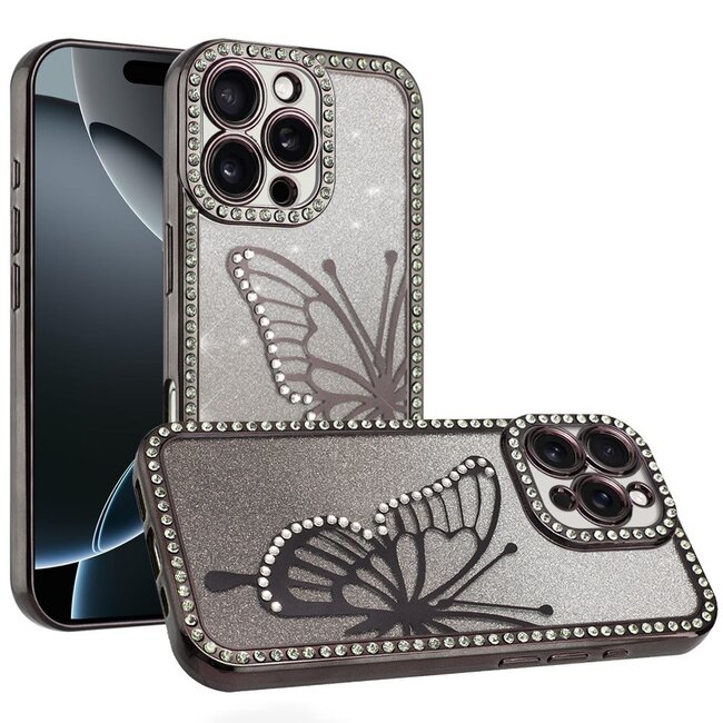 For Apple For Apple iPhone 16 Pro Max 6.9 Electroplated Butterfly With Diamonds Glitter Shimmer Hybrid Case